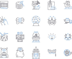 Naklejka premium Creative activities outline icons collection. Innovative, Crafting, Drawing, Painting, Designing, Imaginative, Composing vector and illustration concept set. Performance, Scriptwriting, Songs linear