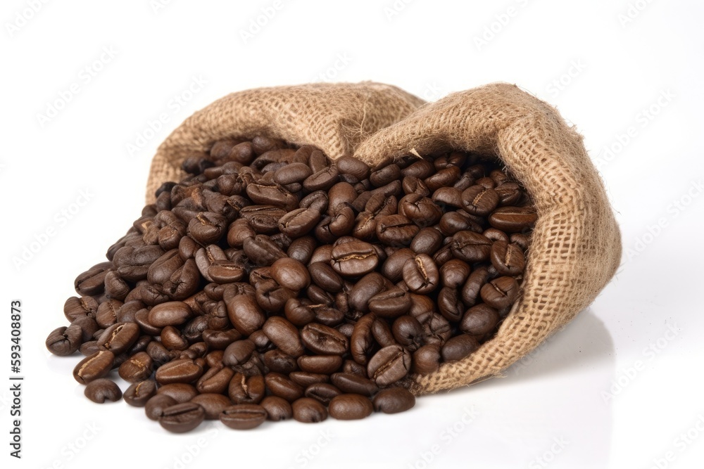 Wall mural sack of freshly roasted coffee beans on a clean white background. generative ai