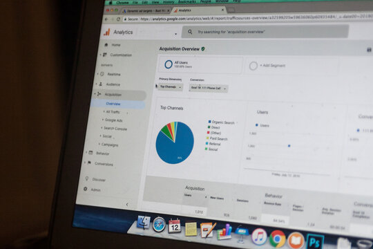 BELGRADE, SERBIA - JULY 12, 2019: Selective blur on a screen of Google Analytics showing conversion and acquisition data. Analytics is a statistc platform from Google.