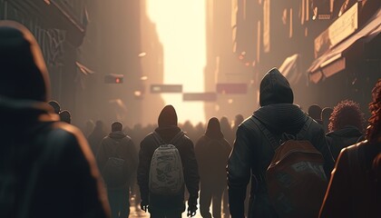 group of people walking in a strange environment, digital art illustration, Generative AI