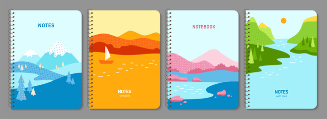 Notepad with nature field landscape. Notebook cover scenery four seasons set. Spring autumn summer winter illustration design for planner brochure, book catalog. Decorative layout page template poster