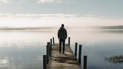 Lake view, man looking to a lake on a pier, generative ai