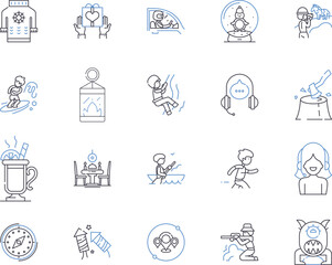 Tourism technologies outline icons collection. Tourism, Technologies, Travel, Innovation, Mobile, Applications, Automation vector and illustration concept set. Software, Digital, Social linear signs