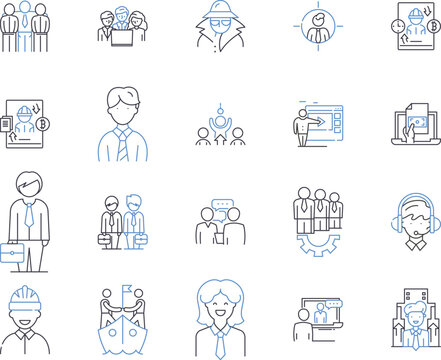 Office occupation outline icons collection. Clerk, Receptionist, Manager, Typist, Administrator, Accountant, Analyst vector and illustration concept set. Supervisor, Consultant, Secretary linear signs
