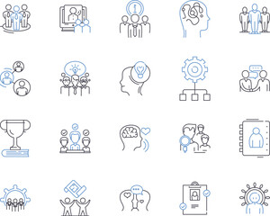 Team work outline icons collection. Collaboration, Cooperation, Unison, Combine, Alliance, Synergy, Interdependence vector and illustration concept set. Congregate, Guild, Unity linear signs
