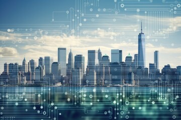 Fototapeta premium futuristic city skyline with a digital interface in the foreground. Generative AI