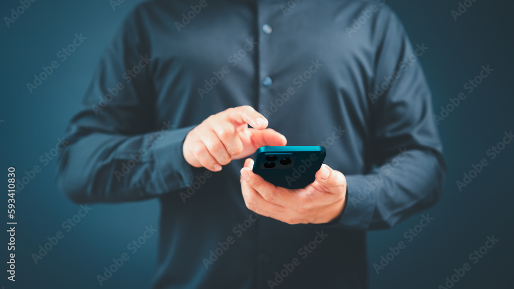 Aufkleber Man viewing website social network connecting with wifi in home by mobile phone. Male hands holding a smartphone model touching sensor screen to browse internet. Concept of Virtual communication.