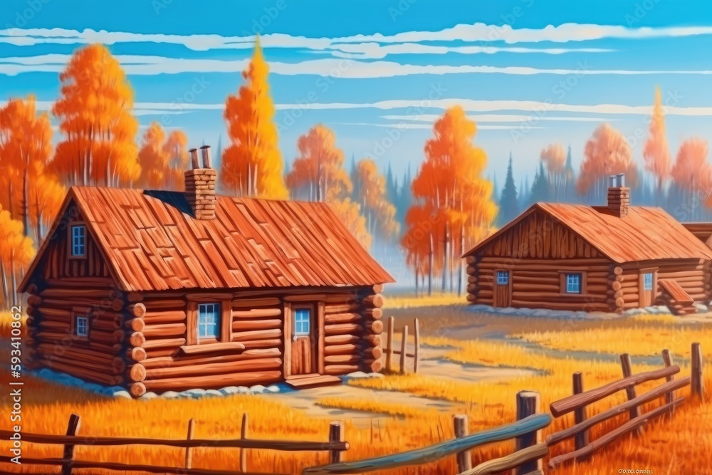 Poster rustic log cabin surrounded by fields in a serene landscape painting. generative ai
