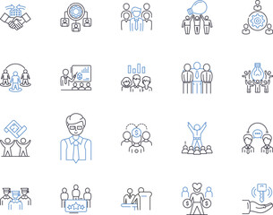 Team building outline icons collection. Teamwork, Collaboration, Communication, Bonding, Trust, Confidence, Creativity vector and illustration concept set. Goal-setting, Problem-solving, Networking