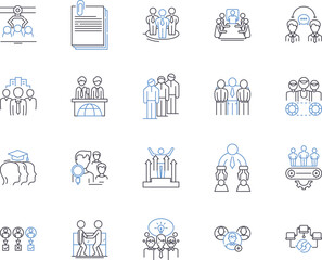 Ceo conference outline icons collection. CEO, Conference, Meeting, Planning, Leaders, Executives, Networking vector and illustration concept set. Shareholders, Agenda, Discussion linear signs