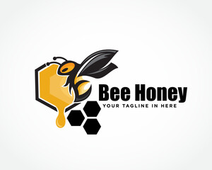 flying bee on hexagonal cells create fresh honey art logo design template illustration inspiration