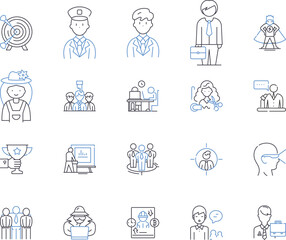 Fototapeta premium Job and management outline icons collection. Job, Management, Recruitment, Employment, Leadership, Opportunity, Hiring vector and illustration concept set. Position, Promotion, Termination linear