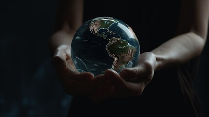 human hands holding a small globe with plants growing out of it