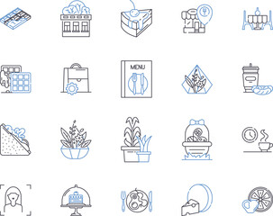Bakery business outline icons collection. Bakery, Business, Cake, Bread, Pastry, Doughnut, Cookie vector and illustration concept set. Pies, Muffin, Biscuit linear signs