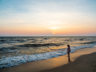 Naklejka premium Panorama landscape travel summer sea wind wave cool on holiday calm coastal big sun set sky light orange golden Nature tropical Beautiful evening hourday At Bang san Beach