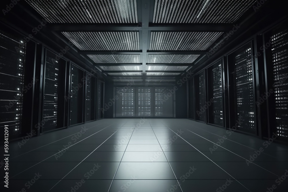 Poster computer server room with racks and rows of equipment. generative ai