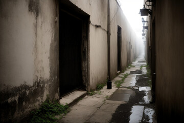 Fototapeta na wymiar dead-end alley with a heavy iron door at the end, as if it were an abandoned prison. Generative AI