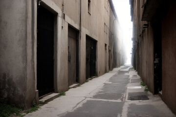 Fototapeta na wymiar dead-end alley with a heavy iron door at the end, as if it were an abandoned prison. Generative AI