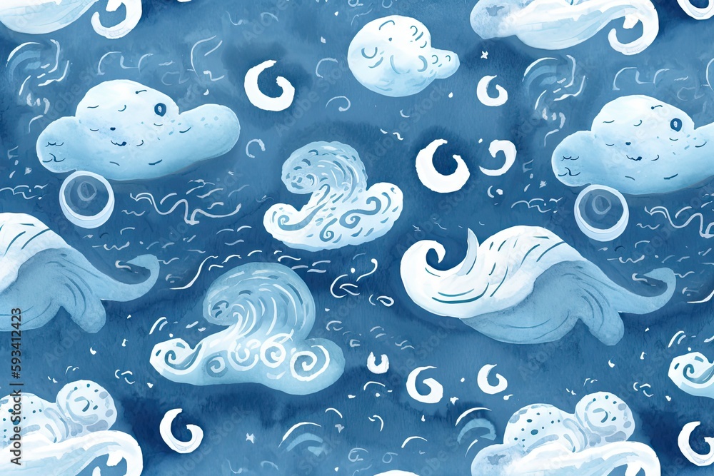 Poster serene sky with fluffy clouds and crashing waves. generative ai