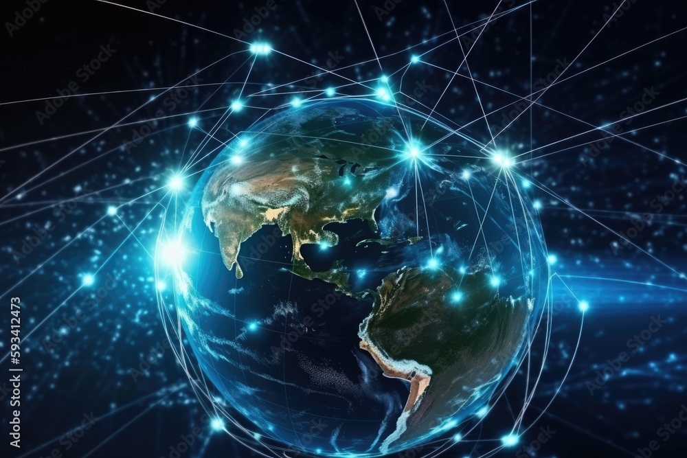 Poster the earth connected by a global network of lines and dots. generative ai