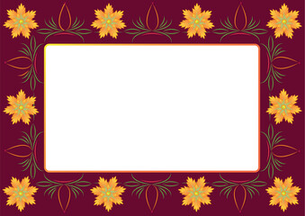 Floral vector background with place for your text. White blank place. Background with orange flowers, ornamental pattern and golden frame with a place for text. Template for your design.