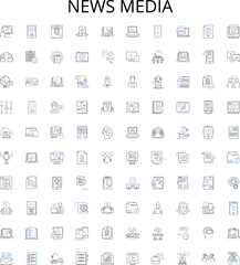 news media outline icons collection. News, Media, Journalism, Information, Broadcast, Reports, Stories vector illustration set. Headlines, Publishers, Articles linear signs