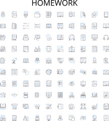 Homework outline icons collection. Exercise, Assignment, Task, Study, Quiz, Projects, Research vector illustration set. Writing, Papers, Practice linear signs