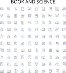 Book and science outline icons collection. Book, Science, Reading, Writing, Literature, History, Publishing vector illustration set. Edition, Distribution, Printing linear signs