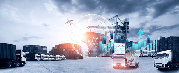 Container truck in ship port for business Logistics and transportation of Container Cargo ship and Cargo plane with Big data visualization graphic graph and chart information business