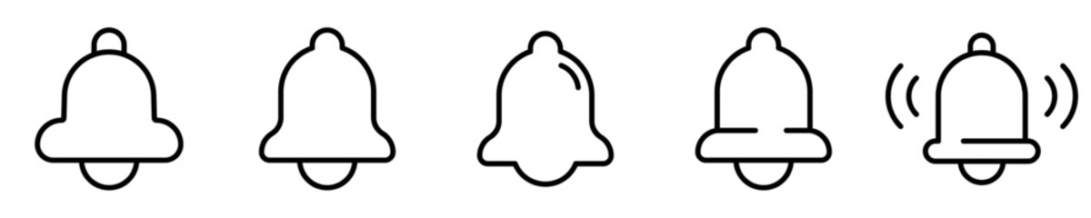 Conjunto de iconos de campana. Concepto de notificación, sonido y alarma. Nuevo mensaje. Ilustración vectorial