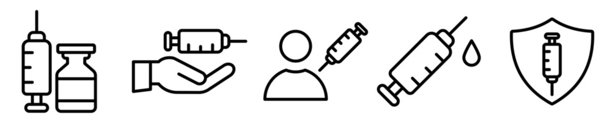 Conjunto de iconos de vacuna. Concepto de seguridad y protección. Medicamento antiviral para prevenir enfermedades. Cura, inyección. Ilustración vectorial