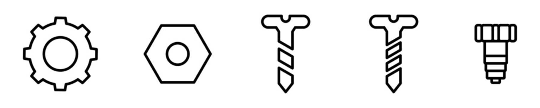 Conjunto de iconos de tuercas y tornillos. Herramientas de carpinter&iacute;a, construcci&oacute;n, ajustable. Ilustraci&oacute;n vectorial