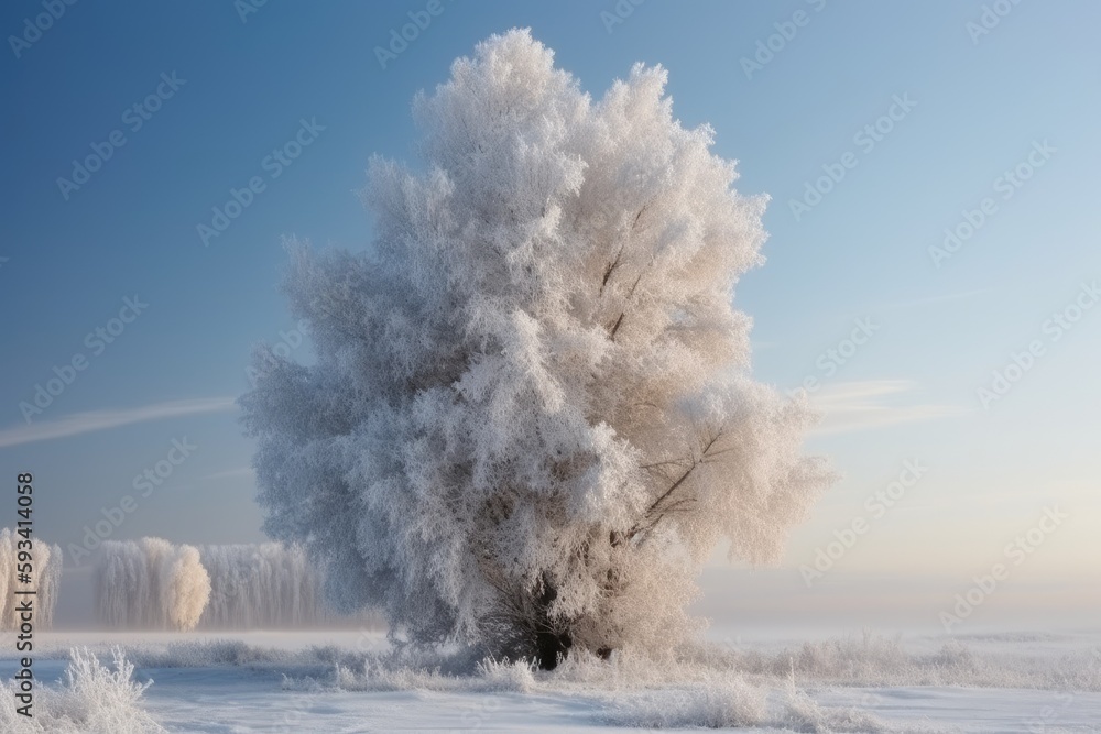 Poster snow-covered tree by a frozen lake. generative ai