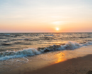 Panorama front viewpoint landscape travel summer sea wind wave cool on holiday calm coastal big sun set sky light orange golden Nature tropical Beautiful evening hour day At Bang san Beach Thailand.