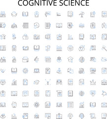 Cognitive science outline icons collection. Cognition, Neuroscience, AI, Intelligence, Psychology, Brain, Perception vector illustration set. Semantics, Knowledge, Memory linear signs