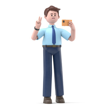 3D Illustration of smiling Asian man Felix in headphones make video call or selfie by smartphone and show victory sign. 3D rendering on white background.

