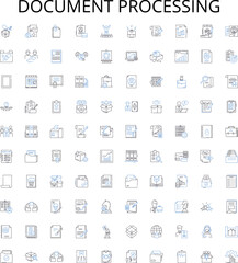 Document processing outline icons collection. Documentation, Processing, Editing, Scanning, Creating, Sharing, Formatting vector illustration set. Organizing, Retrieving, Converting linear signs