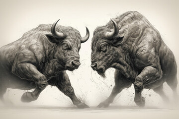 Abstract drawing of the battle of huge bison. AI generated, human enhanced