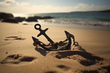 Anchor on the sandy beach. AI generated, human enhanced.