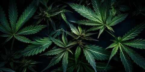 Naklejka na ściany i meble Cannabis Sativa Leaves On Dark. Medical Legal Marijuana. AI generated, human enhanced.