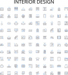 Interior design outline icons collection. Decorating, Furnishings, Fabric, Arrangement, Colours, Organization, Fixtures vector illustration set. Updating, Planning, Layout linear signs