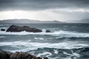 Obraz premium serene coastal landscape with a rocky shoreline and calm waters. Generative AI