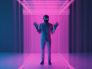 Fototapeta na wymiar Young man wearing virtual reality glasses in neon colors. AI generated, human enhanced.