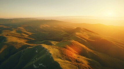 空撮した夕日に染まる山並みのイメージ　Generative AI