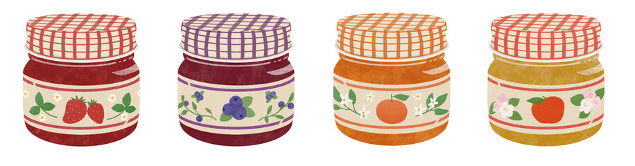 苺、ブルーベーリー、マーマレード、林檎ジャムのイラスト、セット素材