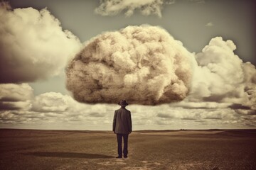 man standing in a field with a cloud hovering above his head. Generative AI