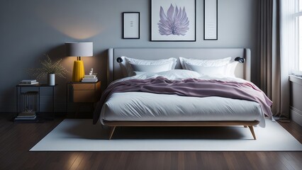 A modern mockup of a bright, spacious bedroom, rendered as a digital illustration