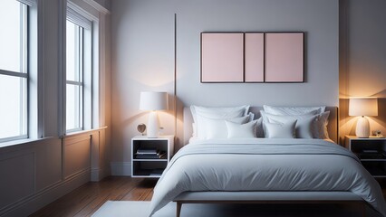A modern mockup of a bright, spacious bedroom, rendered as a digital illustration