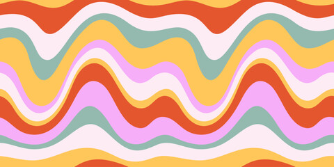 Groovy Waves Horizontal Background. Psychedelic Abstract Curves Vector Seamless Pattern in 1970s Hippie Retro Style