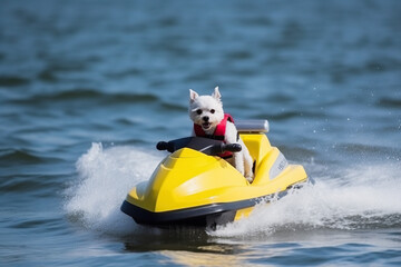 Fototapeta na wymiar cute little white dog riding a yellow jet ski, Generative AI